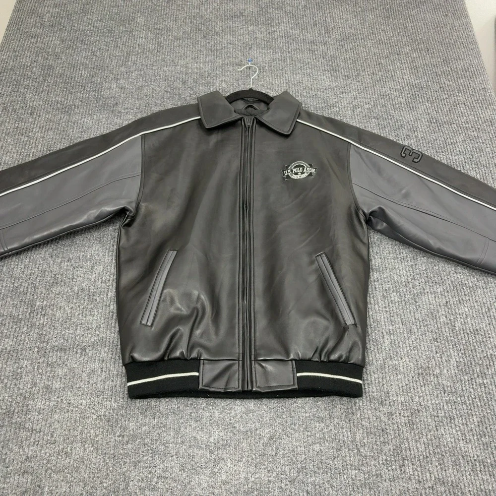 U.S. Polo Assn Jacket Boys L Black Polyurethane Faux Leather Bomber Varsity Moto